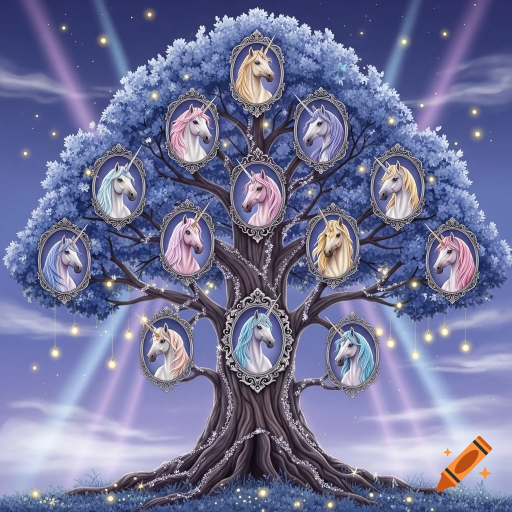 A magical family tree with shimmering blue leaves and glowing lights, adorned with framed portraits of various colorful unicorns.