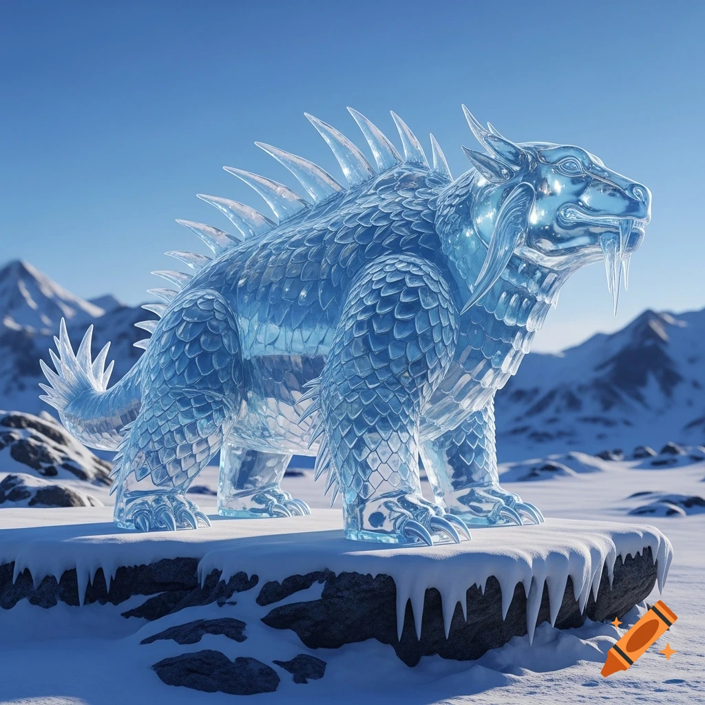 A majestic creature made of blue ice, resembling a dragon, stands on a snow-covered rock in a frosty mountain landscape.