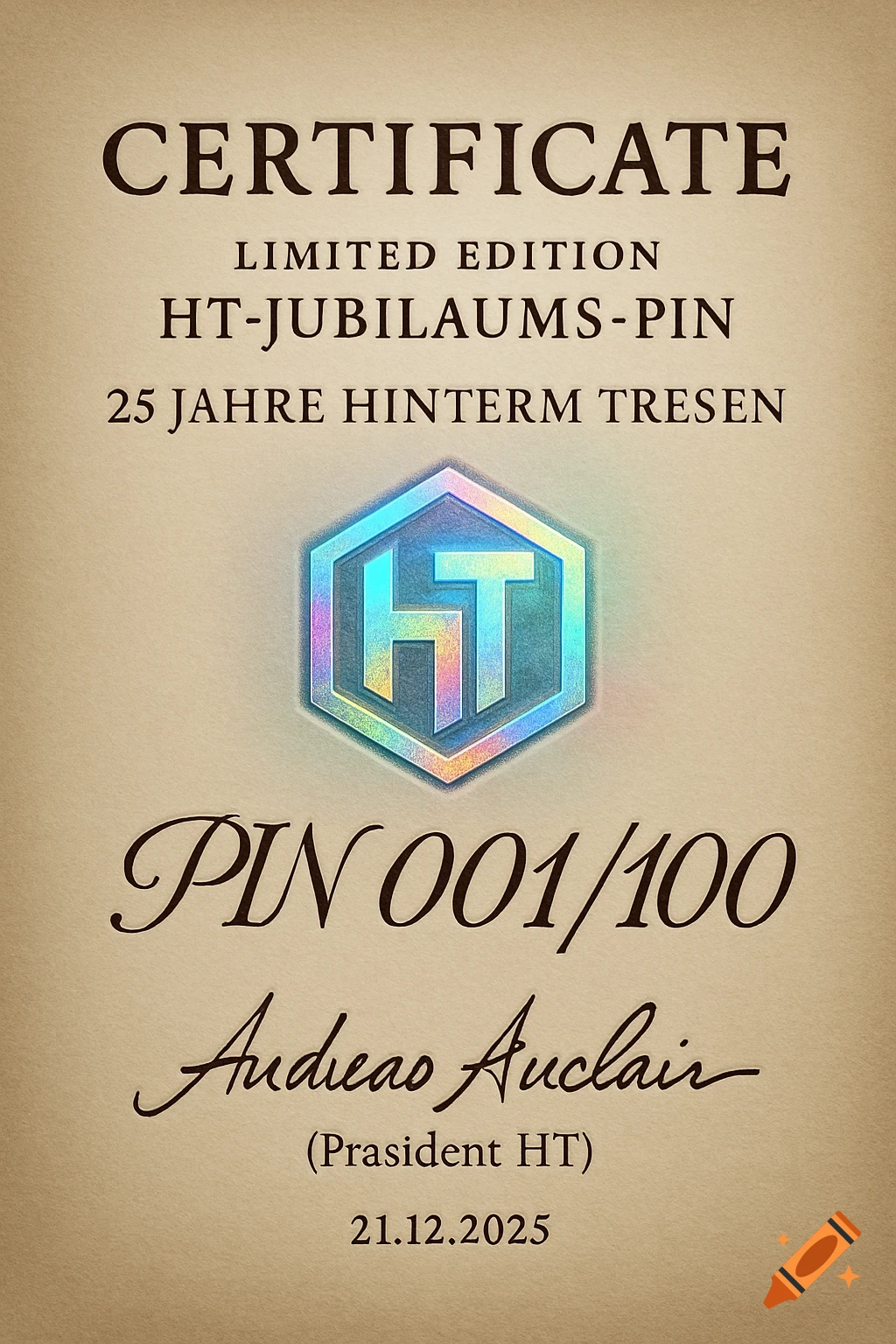 A beige certificate for a "LIMITED EDITION HT-JUBILAUMS-PIN - 25 JAHRE HINTERM TRESEN," featuring a holographic HT logo.