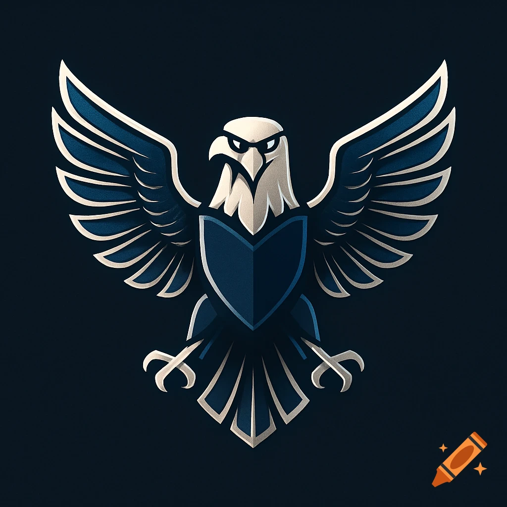 A stylized logo of an eagle with its wings spread, a shield on its chest, in blue, white, and grey against a dark background.