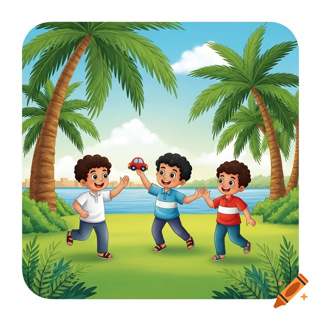Three cartoon boys play in a sunny park with palm trees and water, one holding a red toy car, in a children's storybook illustration.