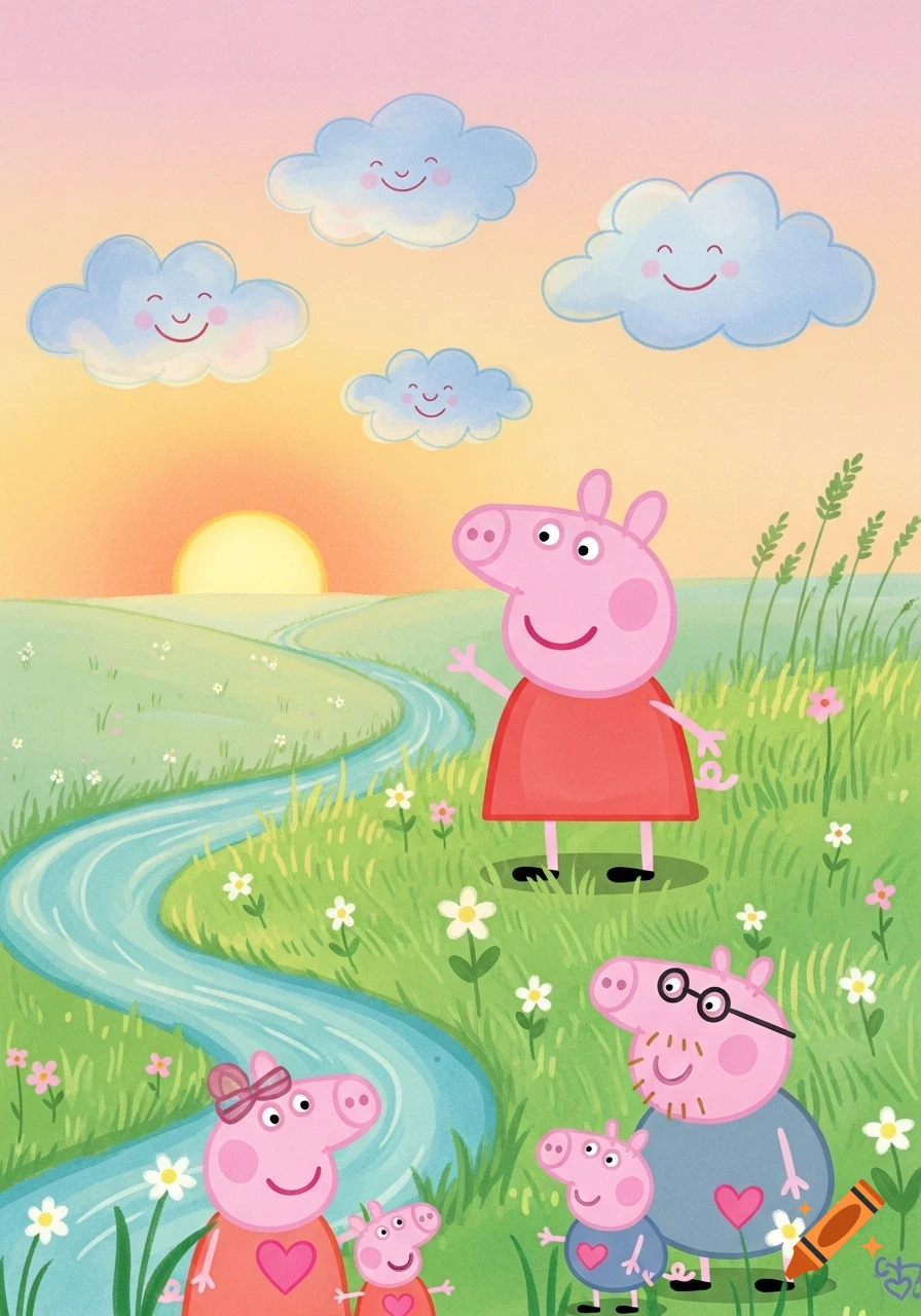 Peppa Pig, Mummy Pig, Daddy Pig, and George in a vibrant green field with a river, flowers, and smiling clouds under a colorful sky.