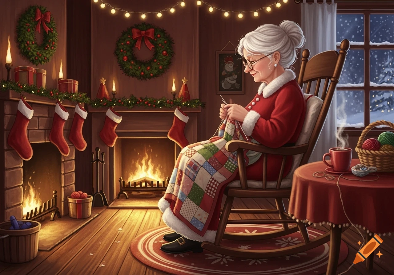 Mrs. Claus knits in a rocking chair by a festive fireplace with stockings and wreaths, next to a snowy window, in an illustrative style.