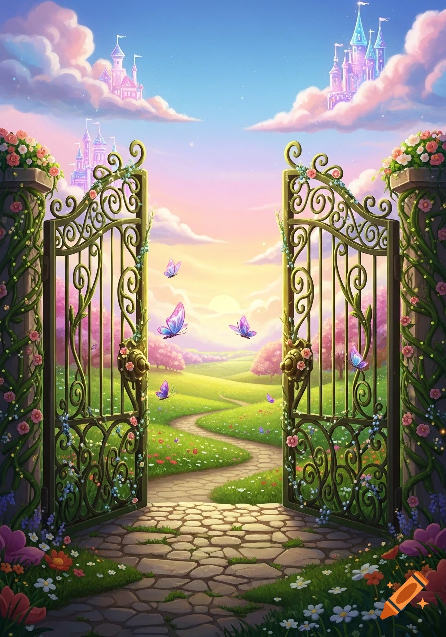 Open ornate gates lead to a vibrant, magical fairytale landscape with a winding path, flowers, butterflies, and castles in the sky.