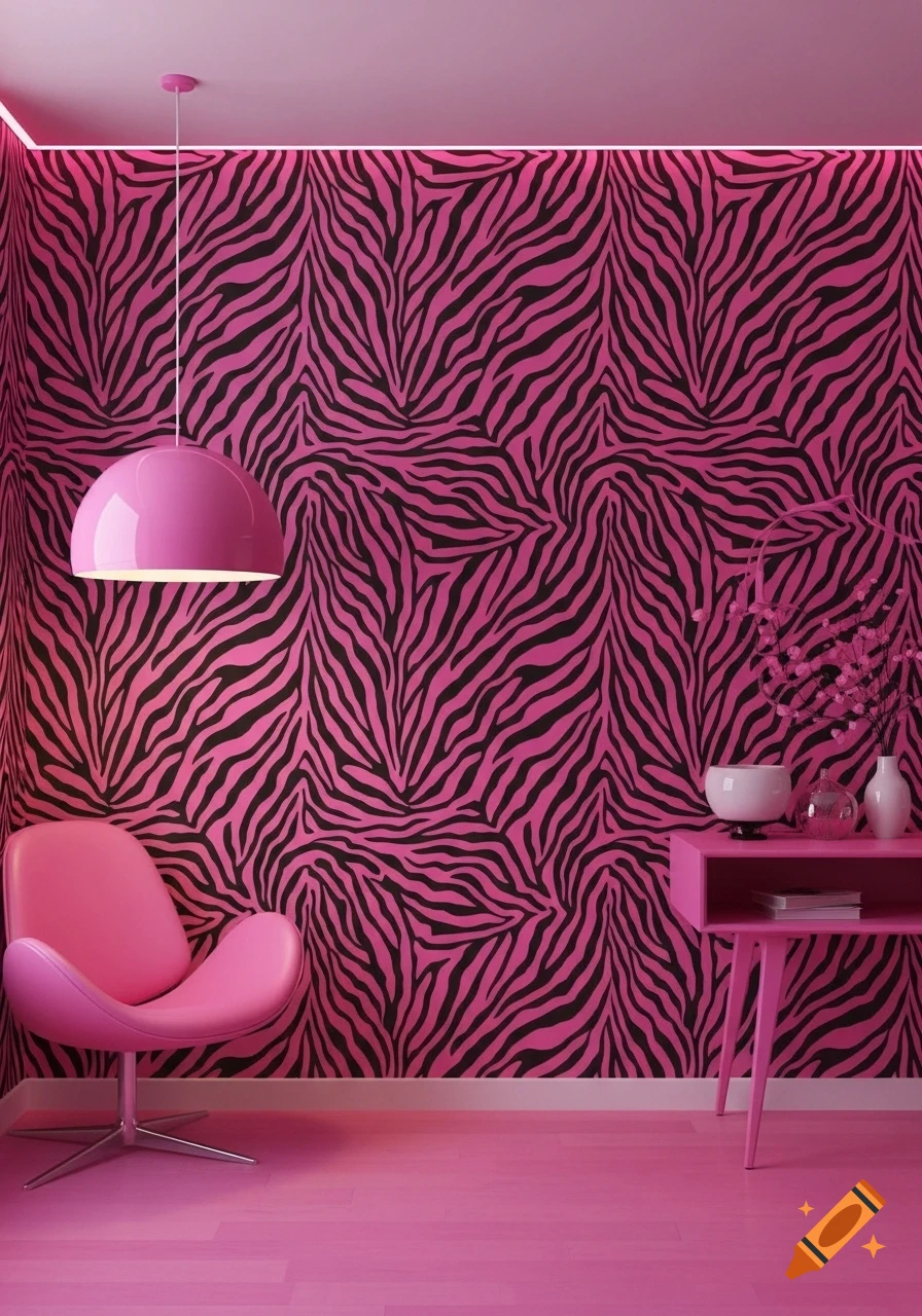 A vibrant room featuring pink zebra striped wallpaper, a matching pink chair, and a pink pendant lamp.