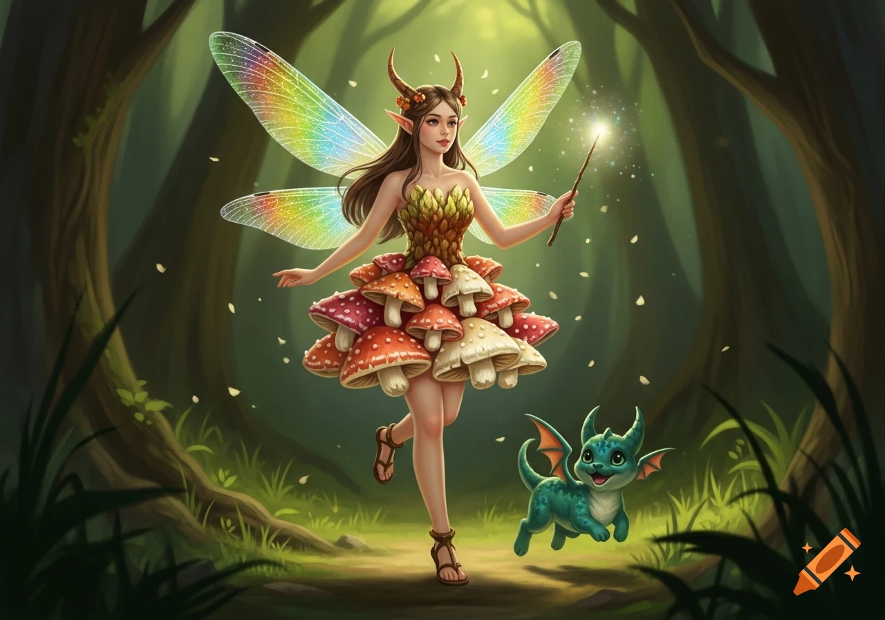 A whimsical fairy in a mushroom dress with rainbow wings and horns holds a wand, standing next to a small green dragon in a forest.