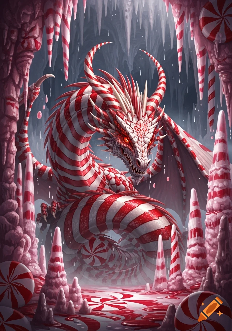 A fierce candy cane dragon with red eyes stands in a fantasy cave filled with peppermint stalagmites and stalactites.