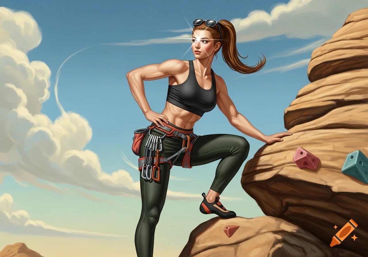 Muscular woman in black sports bra and climbing gear, with sunglasses on her head, flexing on a rock under a clear sky.
