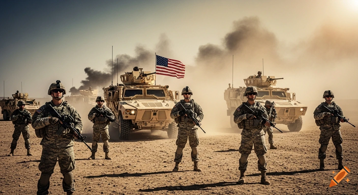 Photorealistic image of US military soldiers and vehicles in a dusty Syrian desert, with an American flag visible.