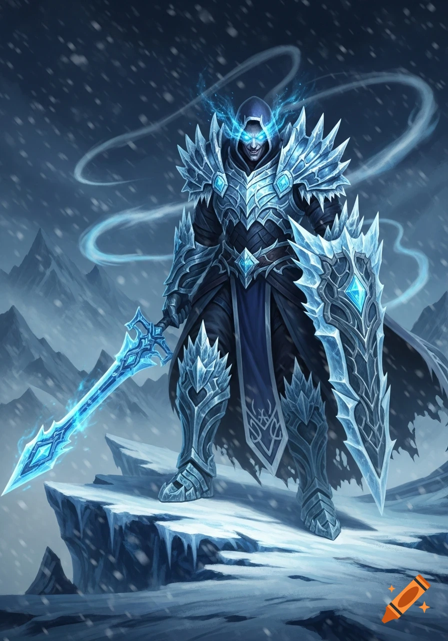 An evil wizard in glowing blue frost armor and a dark cloak, holding an ice sword and shield, stands on a snowy mountain peak.