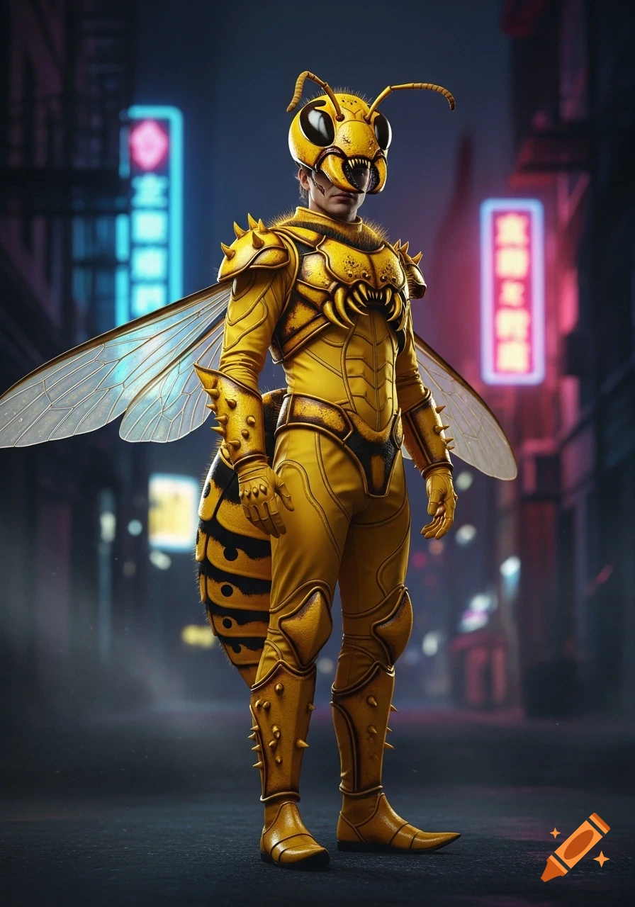 A man in a detailed, yellow murder hornet costume with translucent wings stands in a dimly lit city street at night.