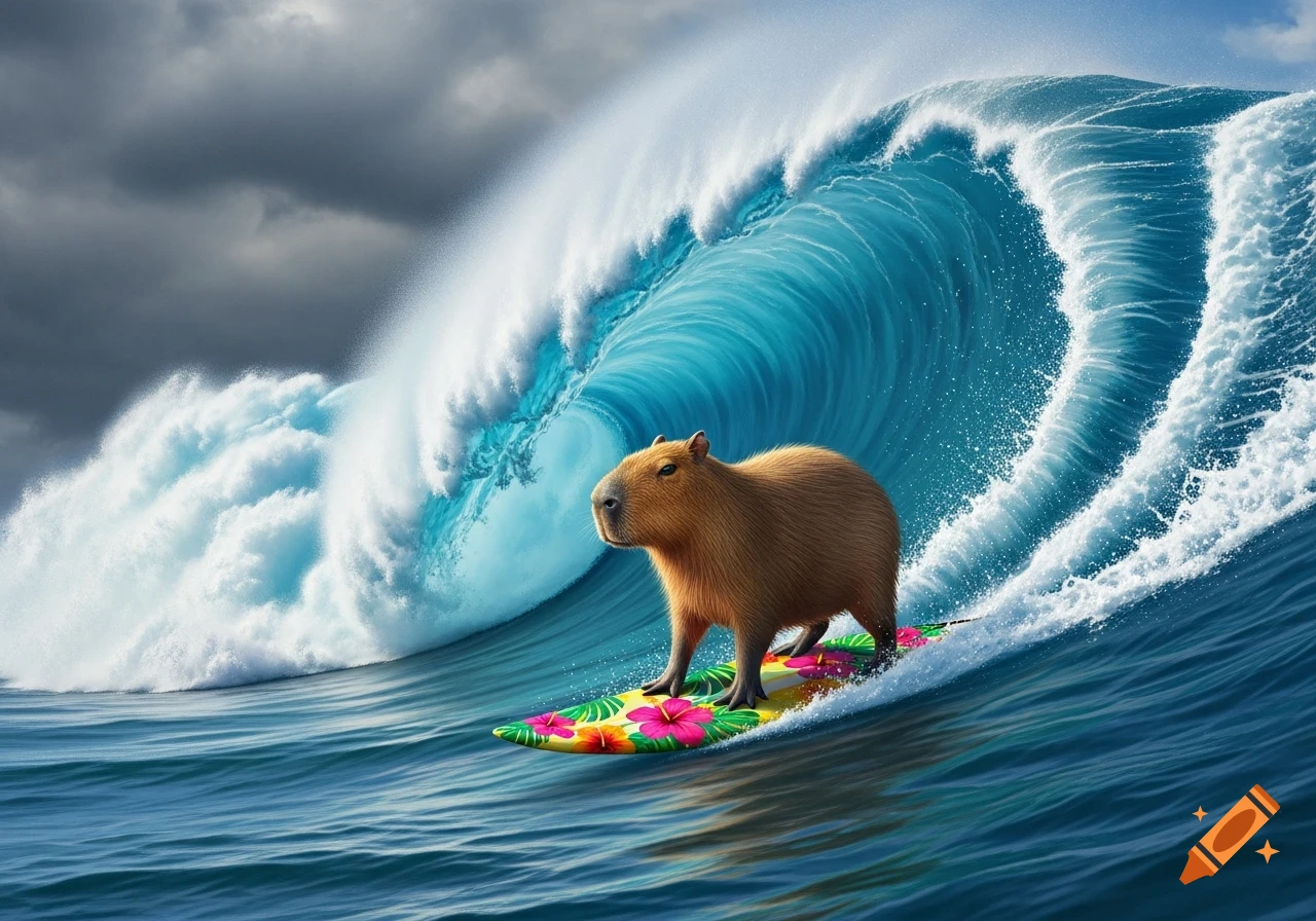 A photorealistic capybara rides a colorful floral surfboard on a huge blue ocean wave under a dramatic sky.