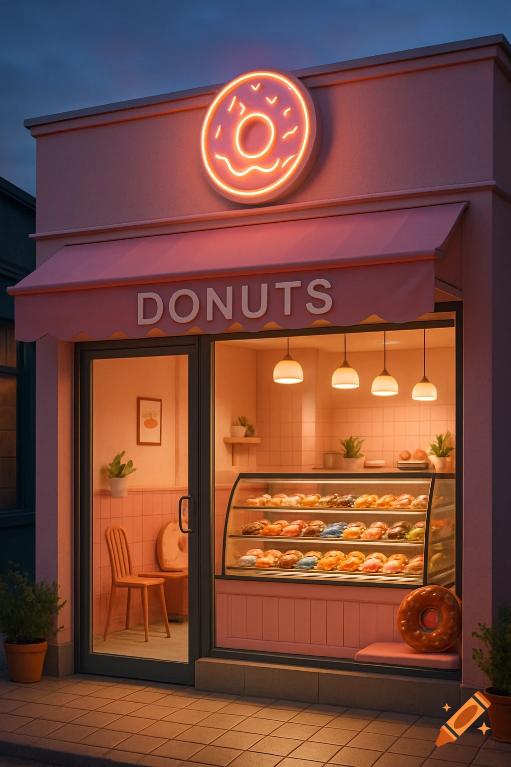 A charming pink donut shop storefront with a neon donut sign, an awning, and a display case full of colorful donuts.