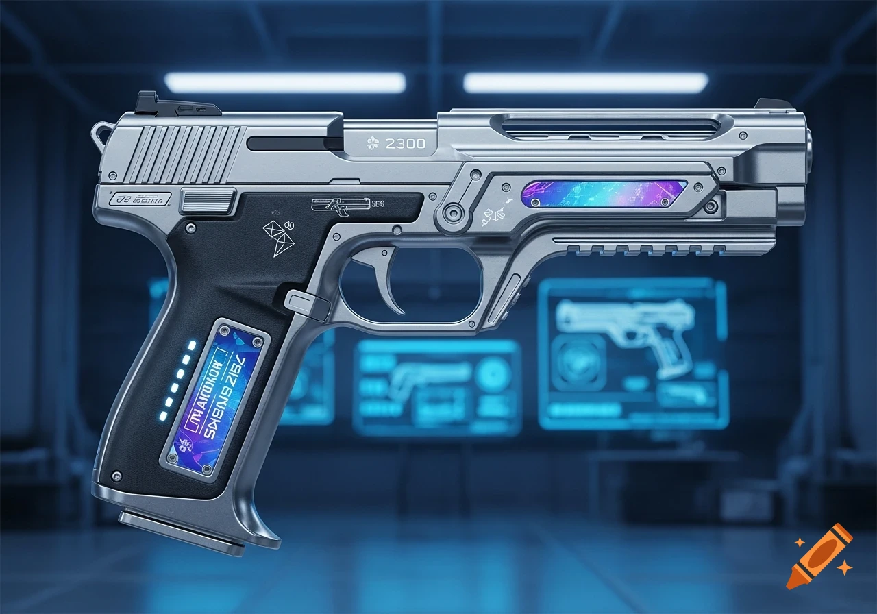 Close-up of a futuristic silver and black handgun with glowing blue and purple accents on a blurred blue background.