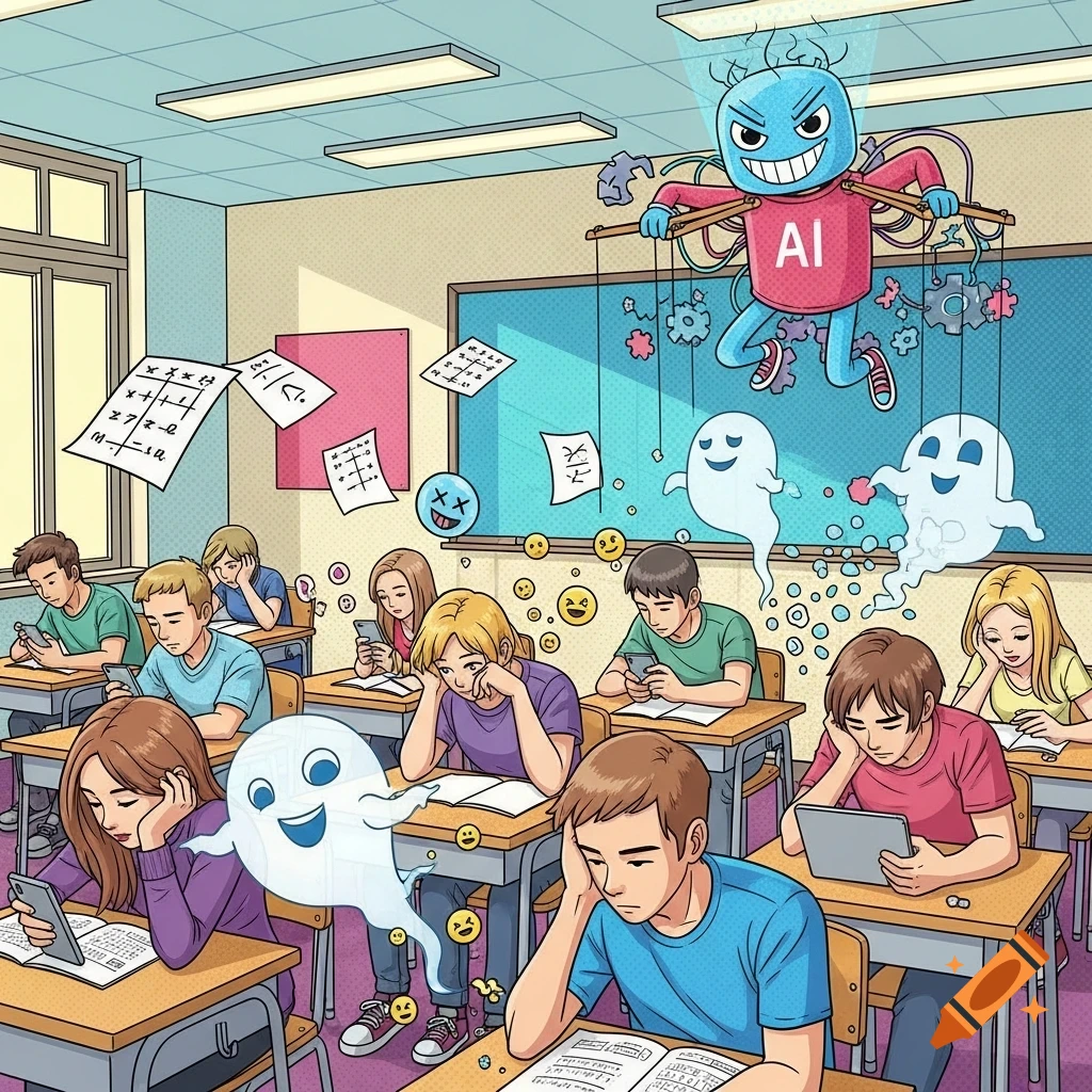 A cartoon illustration of a classroom with students distracted by phones. A puppet labeled 'AI' manipulates strings from above, while ghosts and nonsensical equations float around the students.
