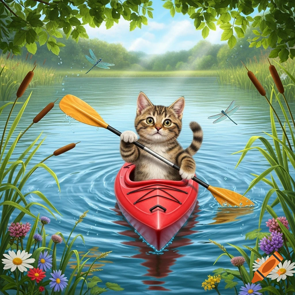 A cute cartoon tabby cat paddles a red kayak on a calm lake, surrounded by green foliage, colorful flowers, and dragonflies.