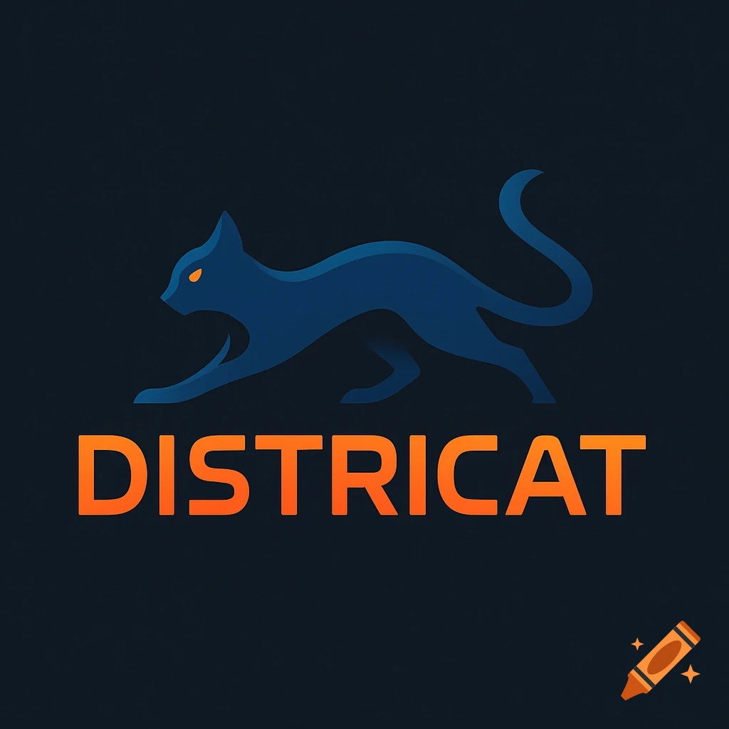 A stylized dark blue cat logo with glowing orange eyes, above the orange text 'DISTRICAT', on a dark background.