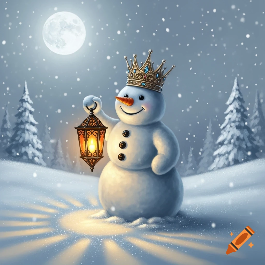 A charming snowman wearing a golden crown holds a glowing lantern in a snowy winter landscape under a full moon.