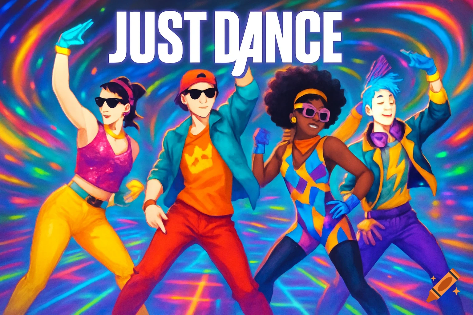Four stylized characters dance energetically against a swirling, vibrant background, with 'JUST DANCE' at the top.