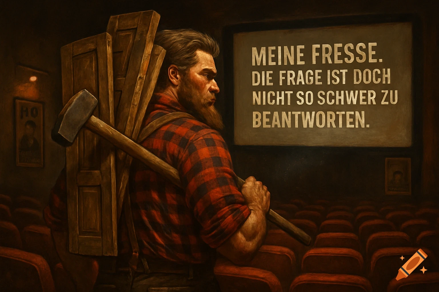 Bearded man in plaid shirt, carrying a sledgehammer and wooden panels in a dark cinema, facing a screen with German text.