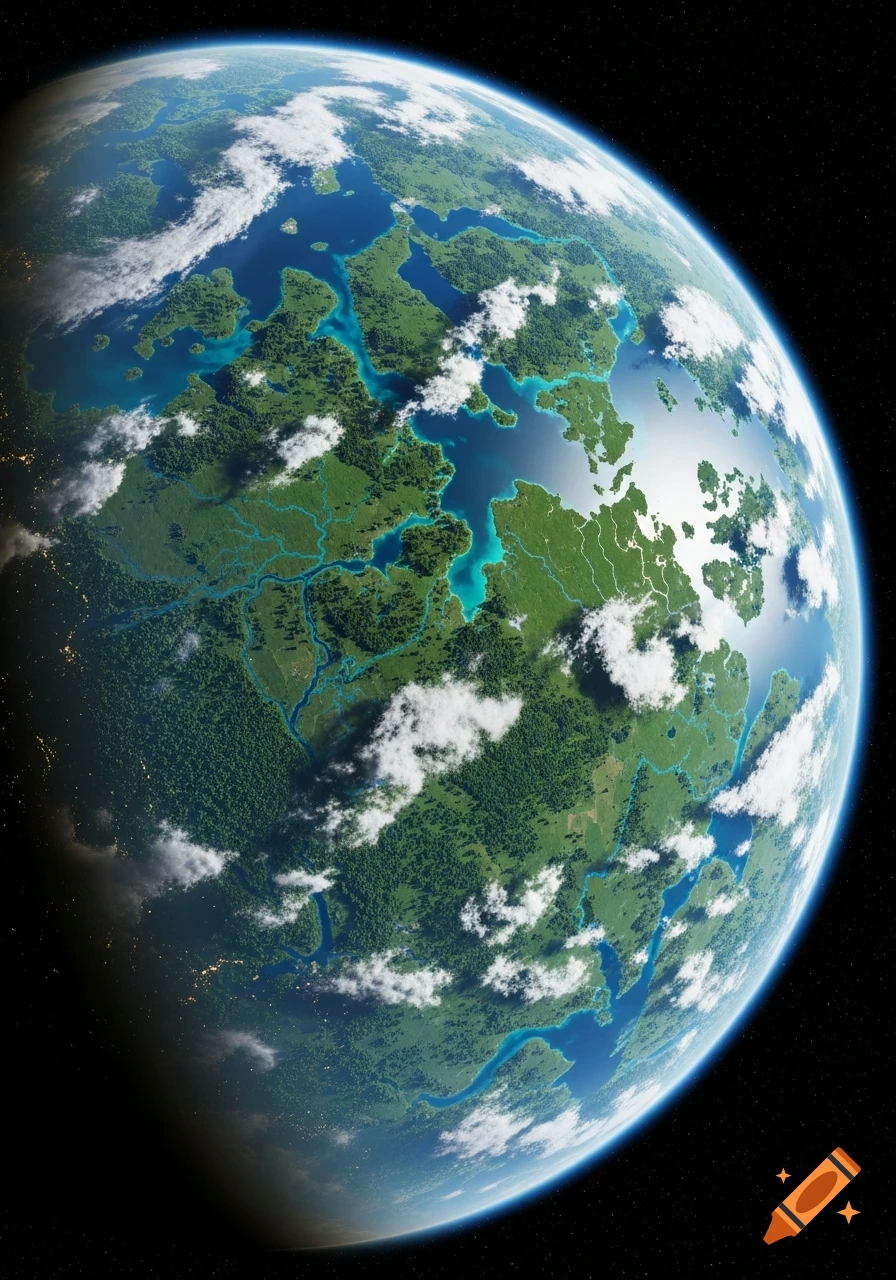Vibrant, lush green planet with blue rivers, lakes, and white clouds, viewed from space, with city lights on the dark side.