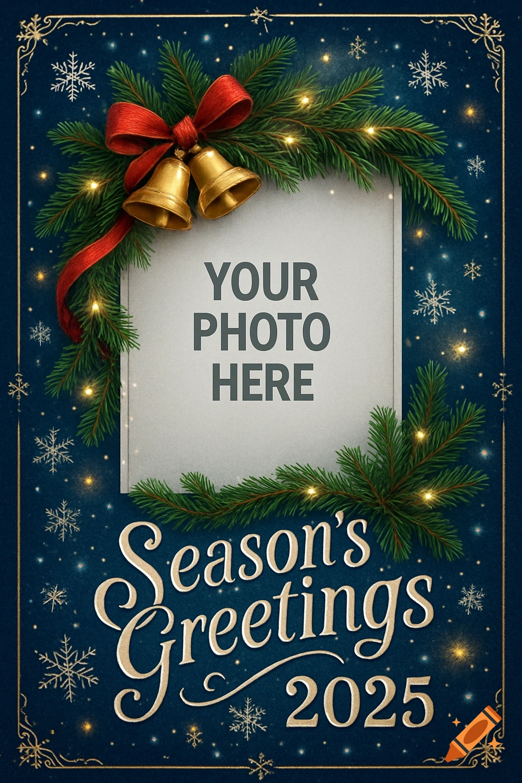 Christmas card template with a green pine wreath, red bow, golden bells, and text 'YOUR PHOTO HERE' and 'Season's Greetings 2025' on a dark blue background.