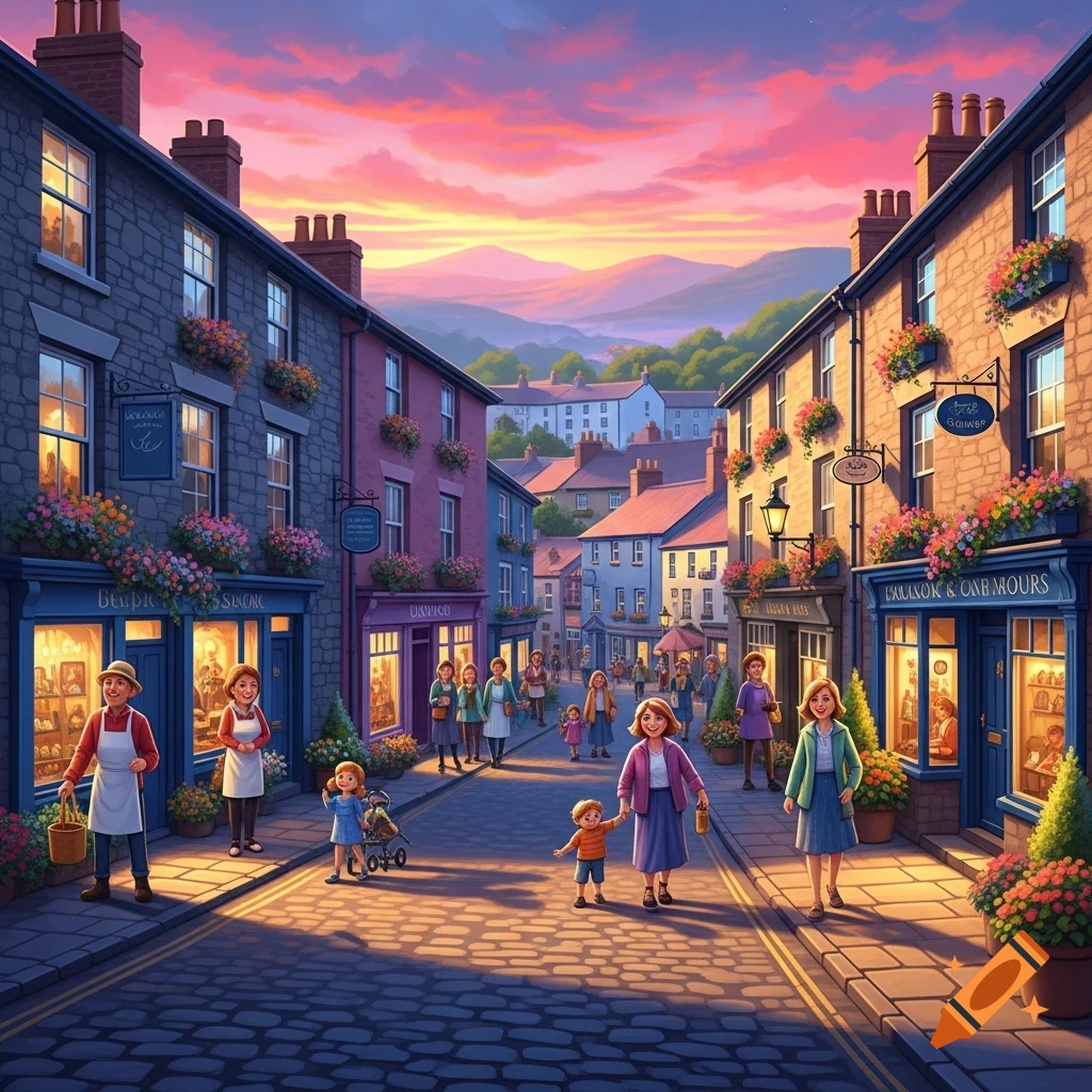 Vibrant illustration of a cheerful town street at dawn with people, colorful shops, and mountains under a pink sky.