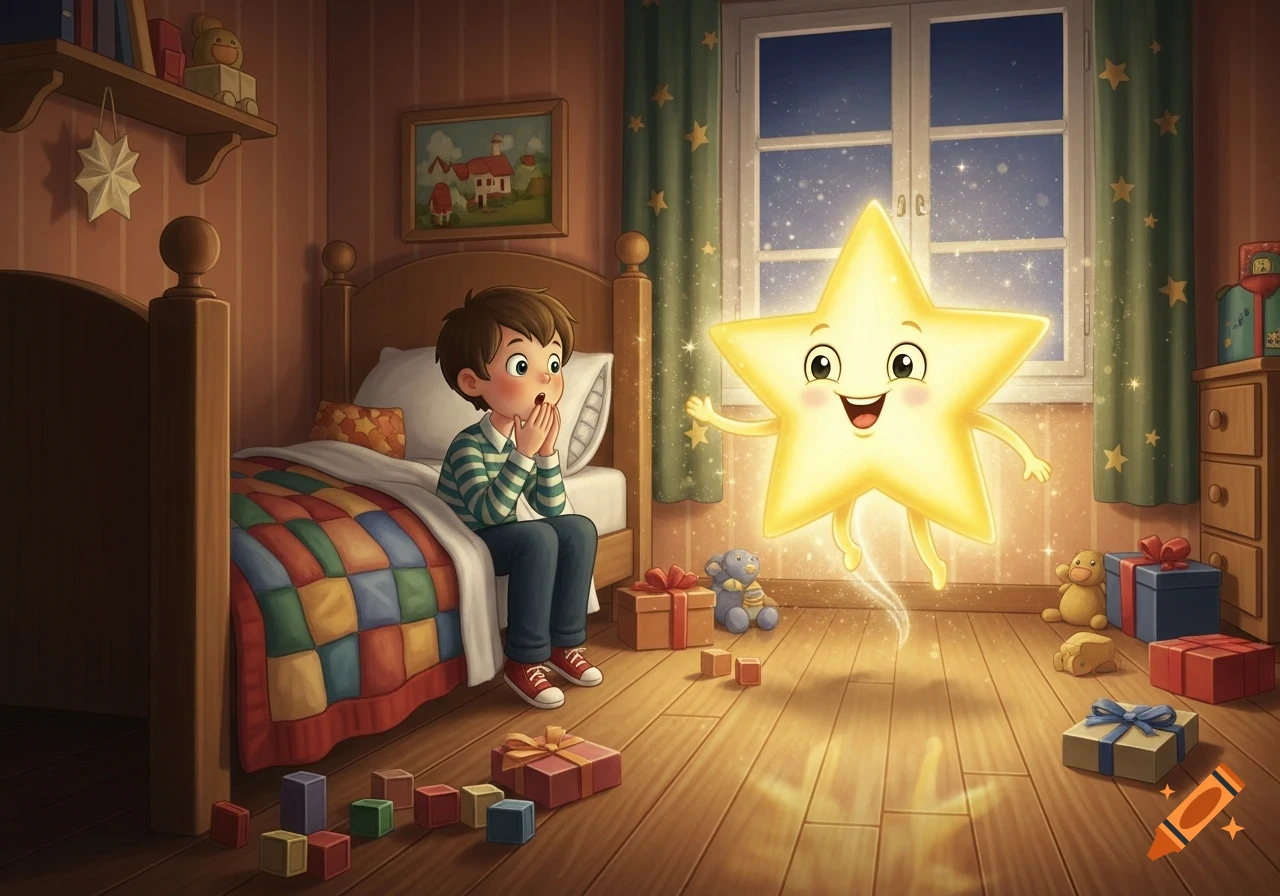 A startled boy sits on his bed, looking at a glowing, smiling cartoon star floating in his bedroom at night, with toys on the floor.
