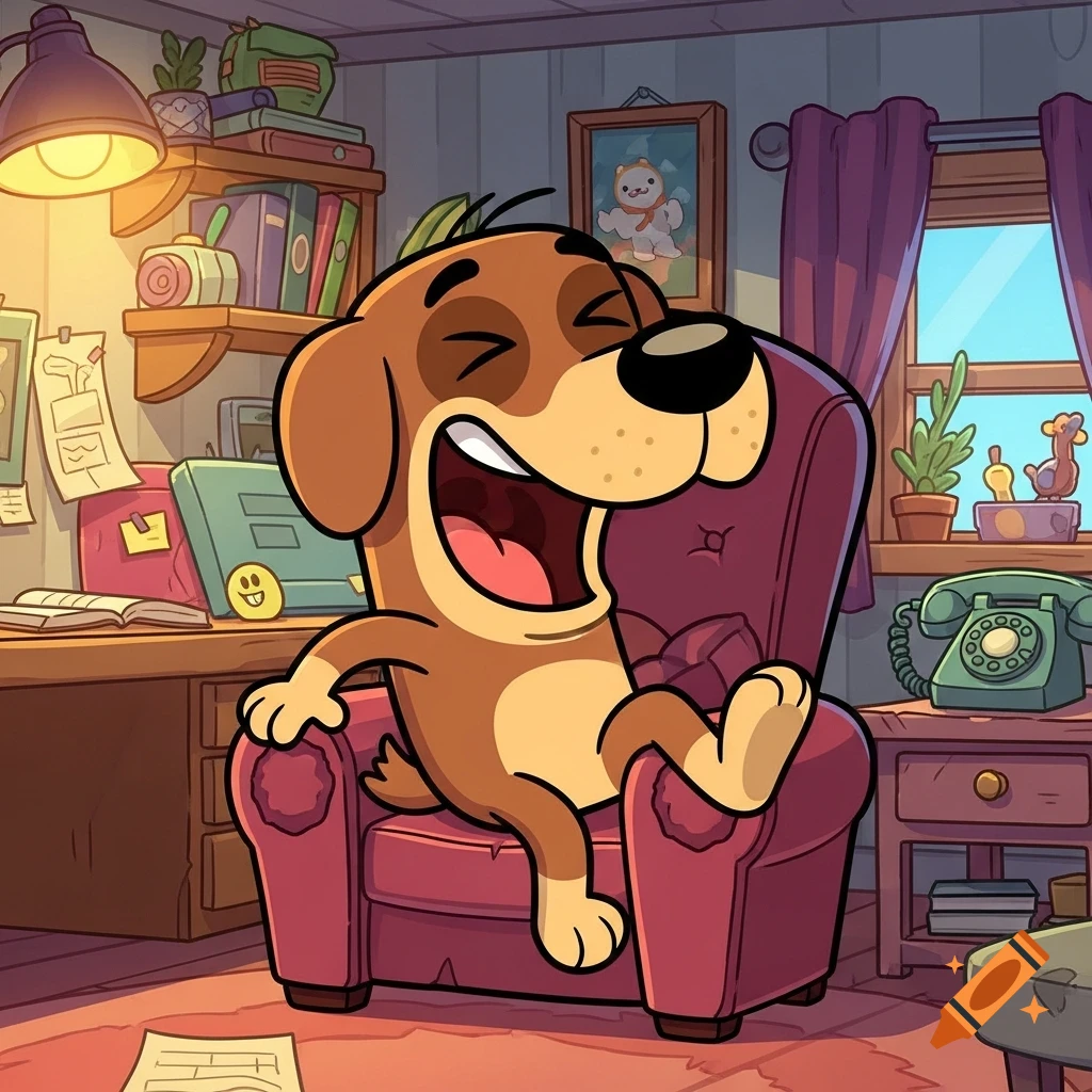 A cheerful brown cartoon dog with closed eyes and wide-open mouth laughs heartily while relaxing in a pink armchair in a cozy room.