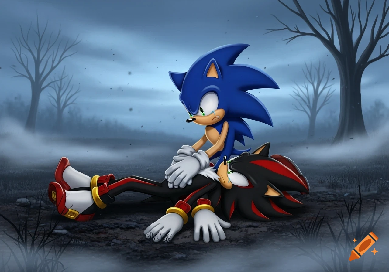 Sonic the Hedgehog cries while clutching a seemingly lifeless Shadow the Hedgehog in a gloomy, misty landscape.