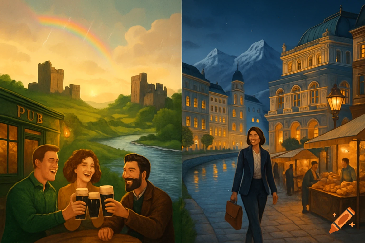 Painterly split image: left, people toast outside an Irish pub with castles and a rainbow; right, a woman walks by an Austrian canal at night with city buildings and mountains.
