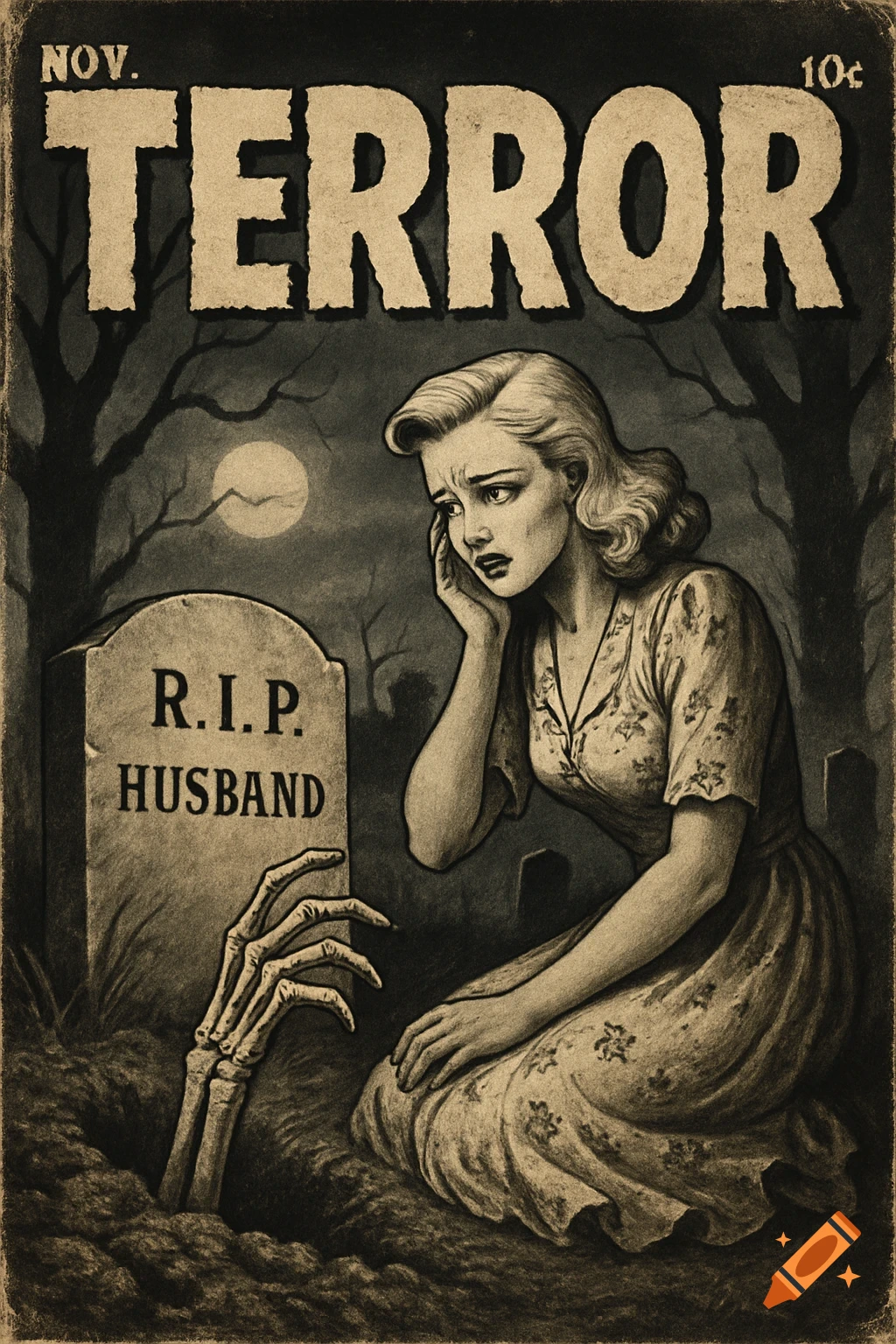 Vintage horror comic cover titled "Terror" shows a distraught woman by a grave as a skeleton hand rises from it.