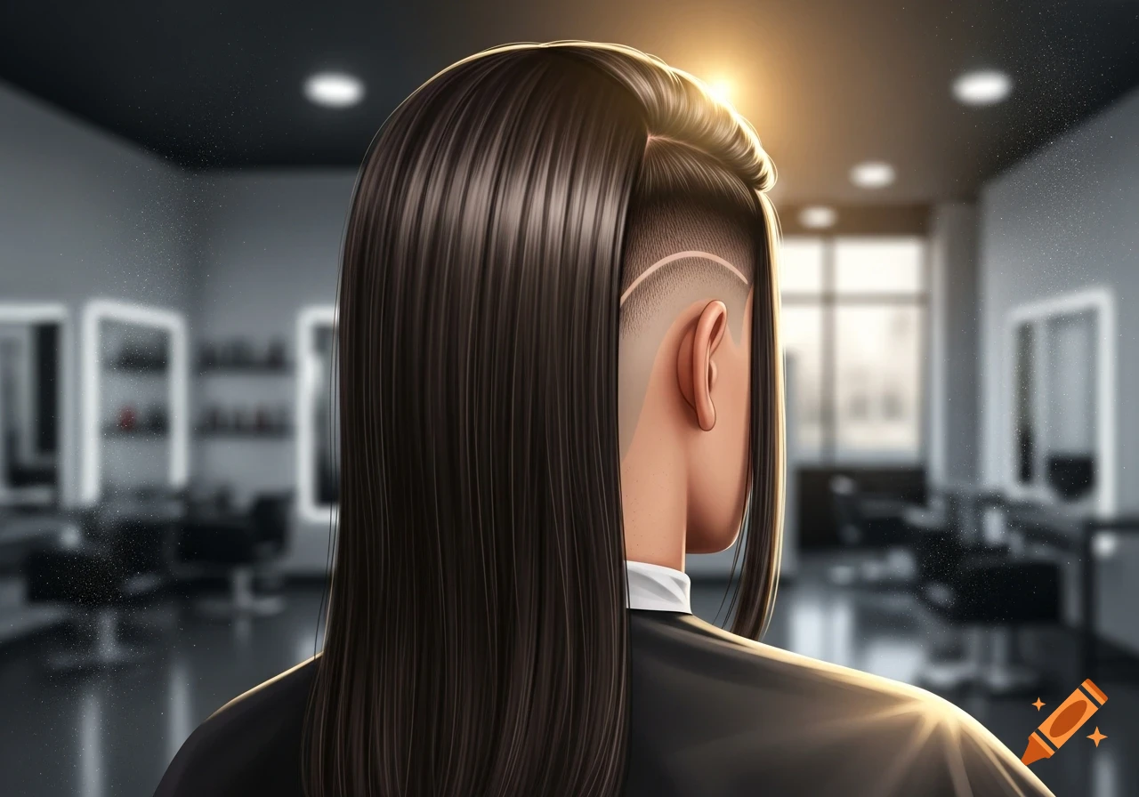 Back view of a person with long dark hair and a detailed undercut hairstyle in a salon.