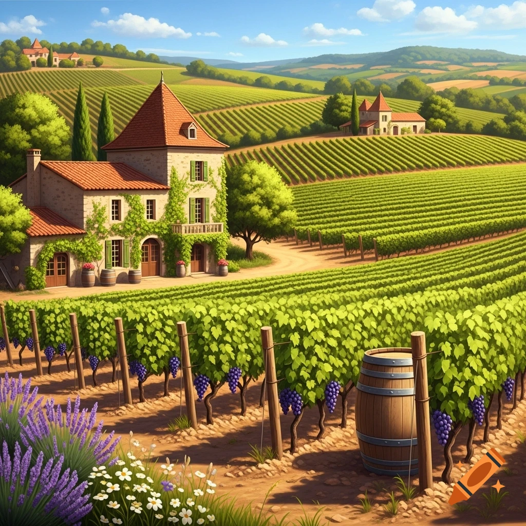 Colorful cartoon illustration of a French vineyard with rolling hills, a stone house, and a wooden barrel.