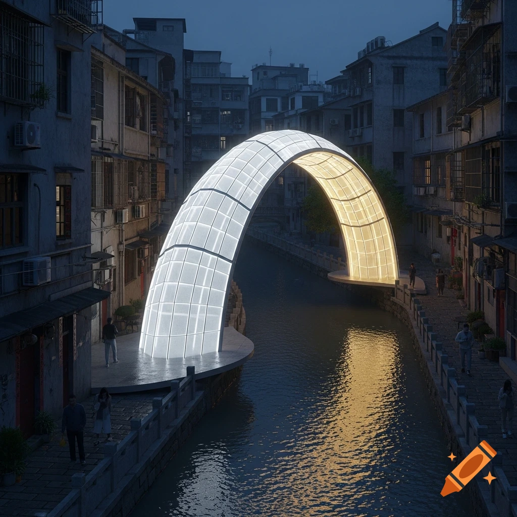 A semi-transparent, glowing arch tunnel in cold white and pale gold light over a narrow river in an old urban district at night, with reflections on the water.