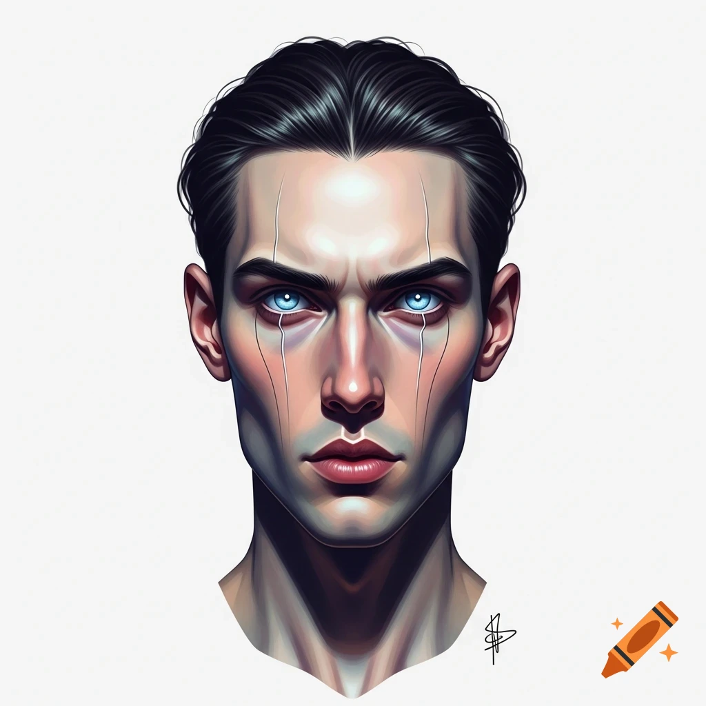 Stylized headshot of an uncanny man with dark hair, glowing blue eyes, and white facial markings on a white background.