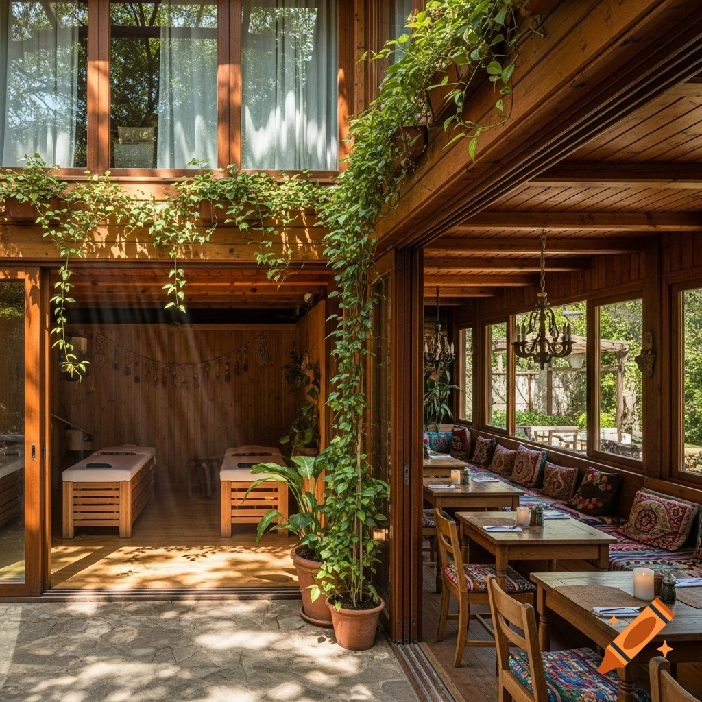 Sunny bohemian hotel interior with a wooden structure, lush plants, wellness area with massage beds, and a restaurant with patterned cushions.
