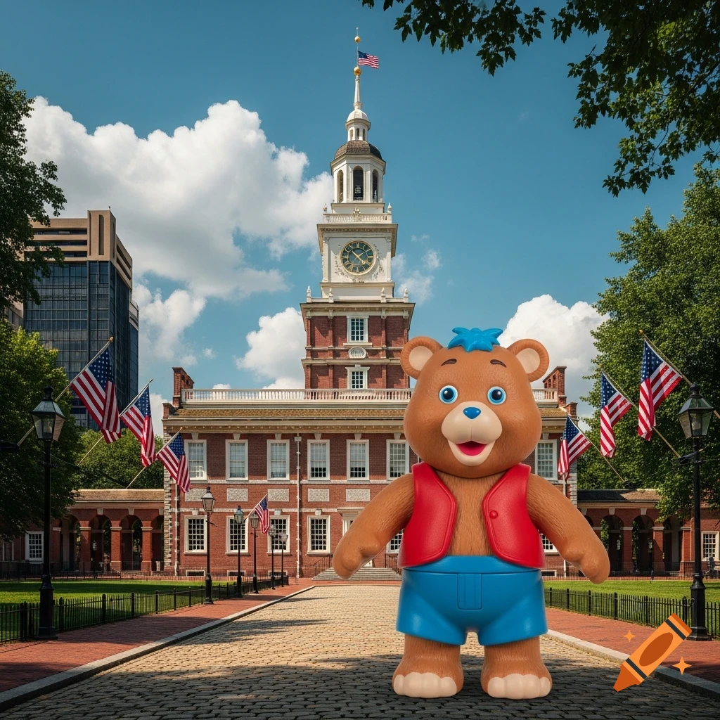 A Teddy Ruxpin action figure stands on a cobblestone path in front of Independence Hall with American flags under a blue sky.