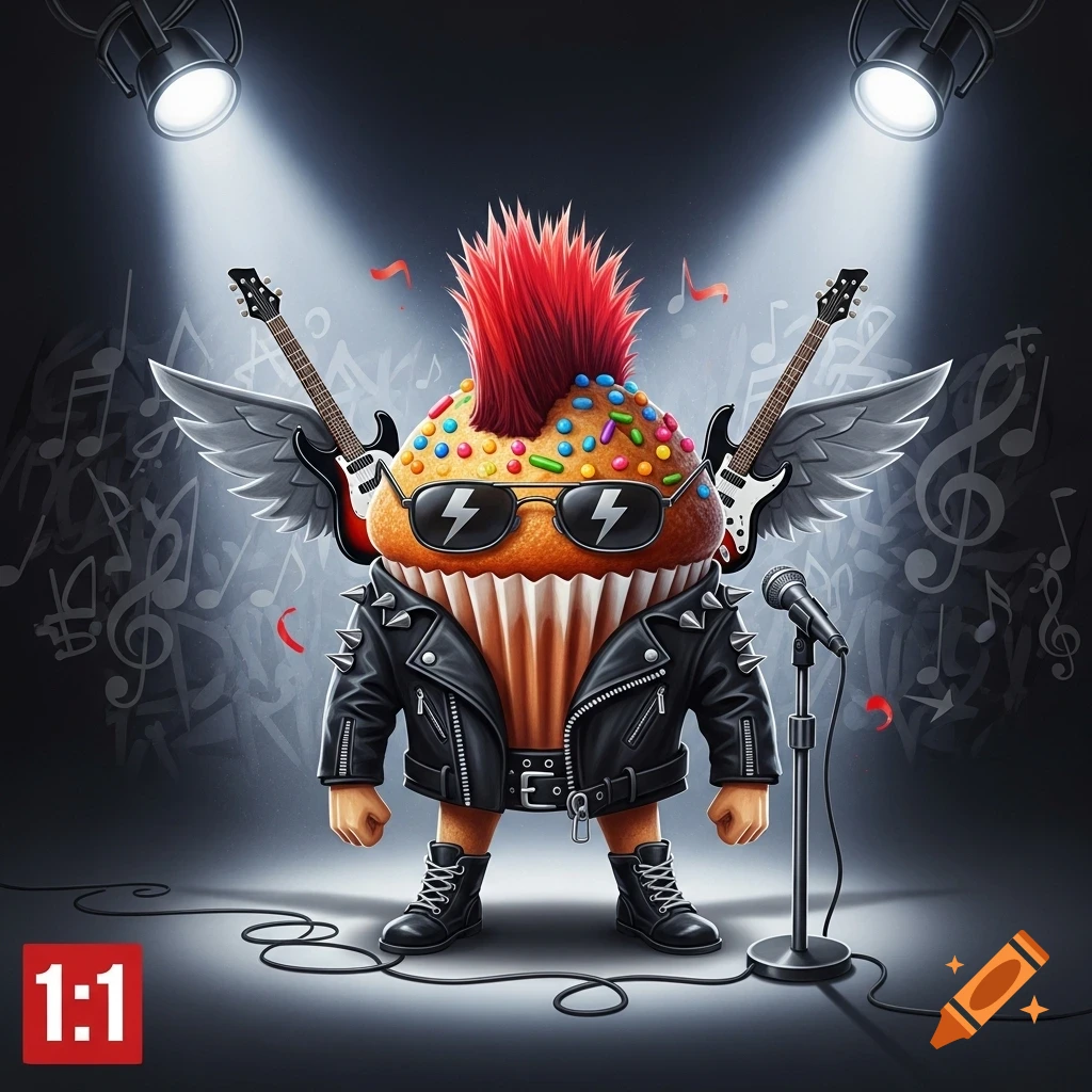 A cartoon rockstar cupcake with a red mohawk, sunglasses, and a leather jacket stands on stage with guitars as wings and a microphone, illuminated by spotlights.