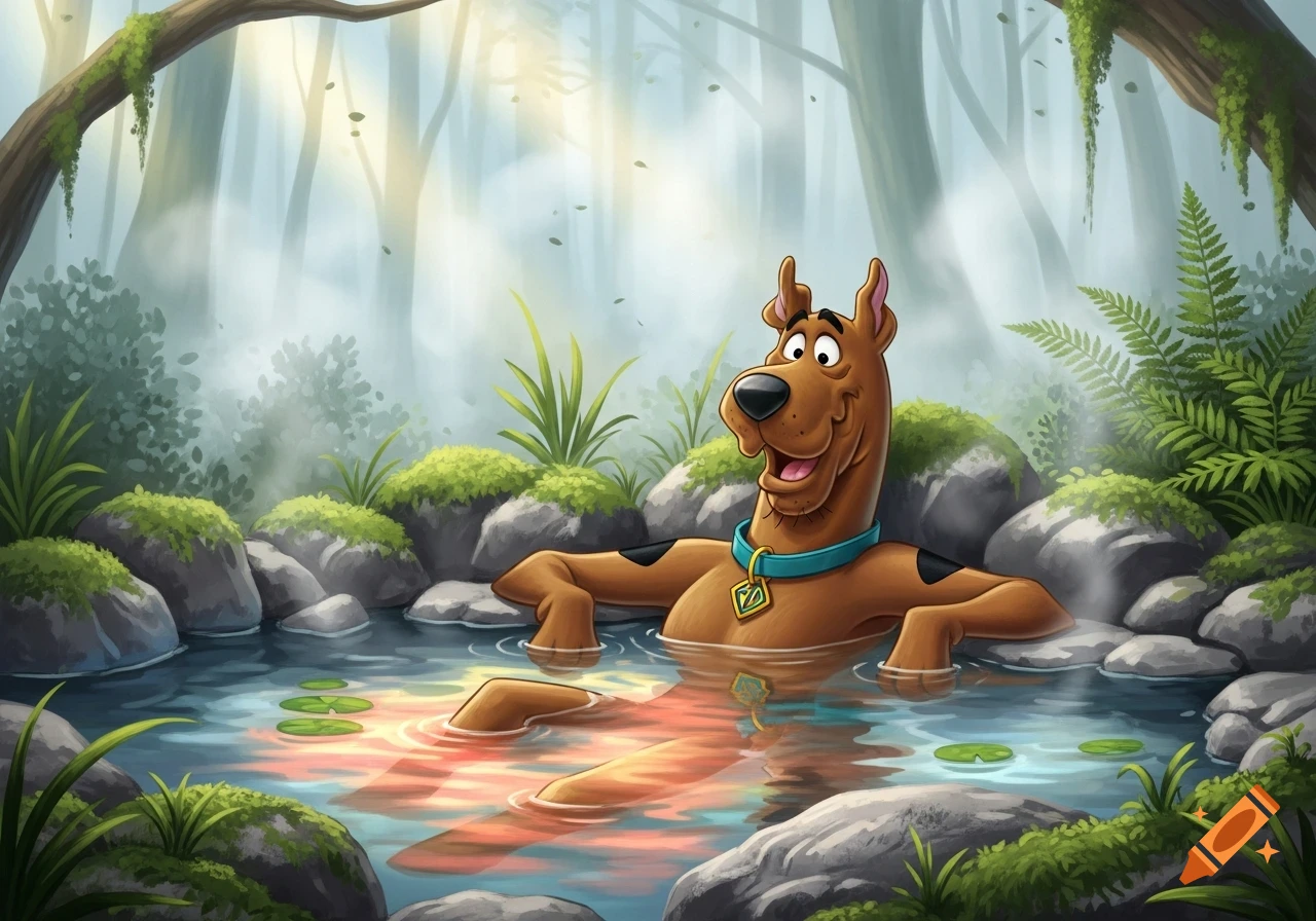 Scooby-Doo relaxing chest deep in a misty, lush forest hot spring, cartoon illustration.