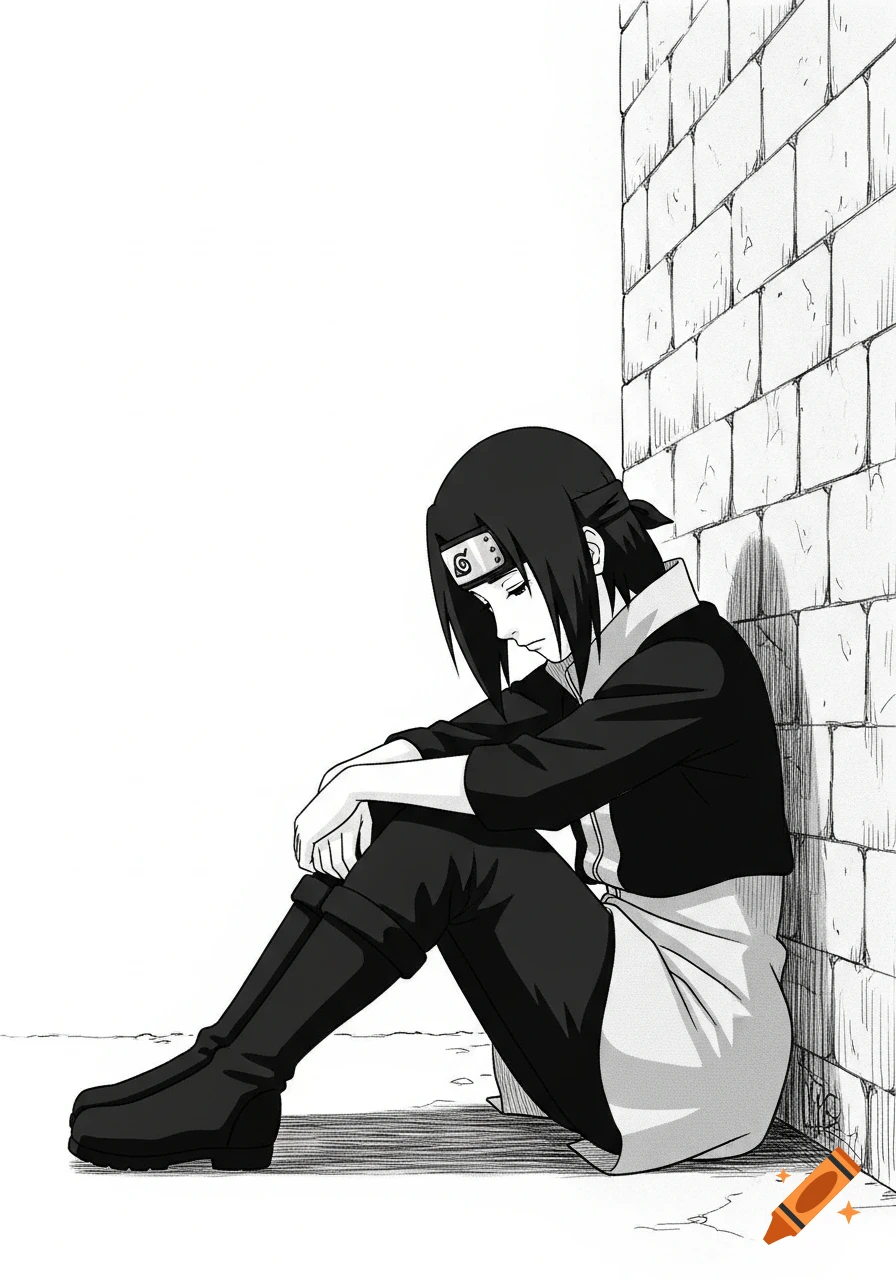 A young woman with a leaf village headband sits sadly against a brick wall, manga style.