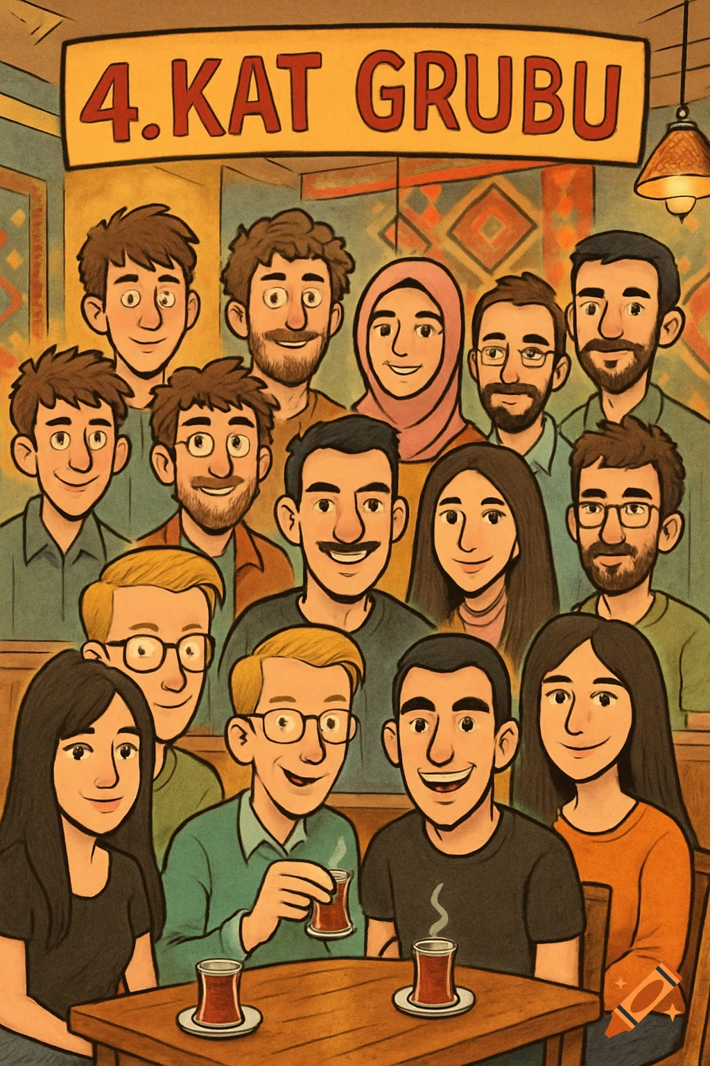 Cartoon illustration of 14 smiling people sitting around a table with tea cups, under a sign reading "4.KAT GRUBU".