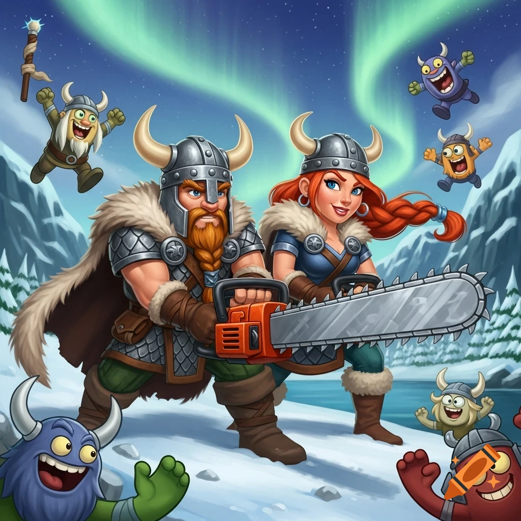 Vibrant cartoon image of a male and female viking in horned helmets holding a chainsaw, with small monsters in a snowy, aurora-lit scene.