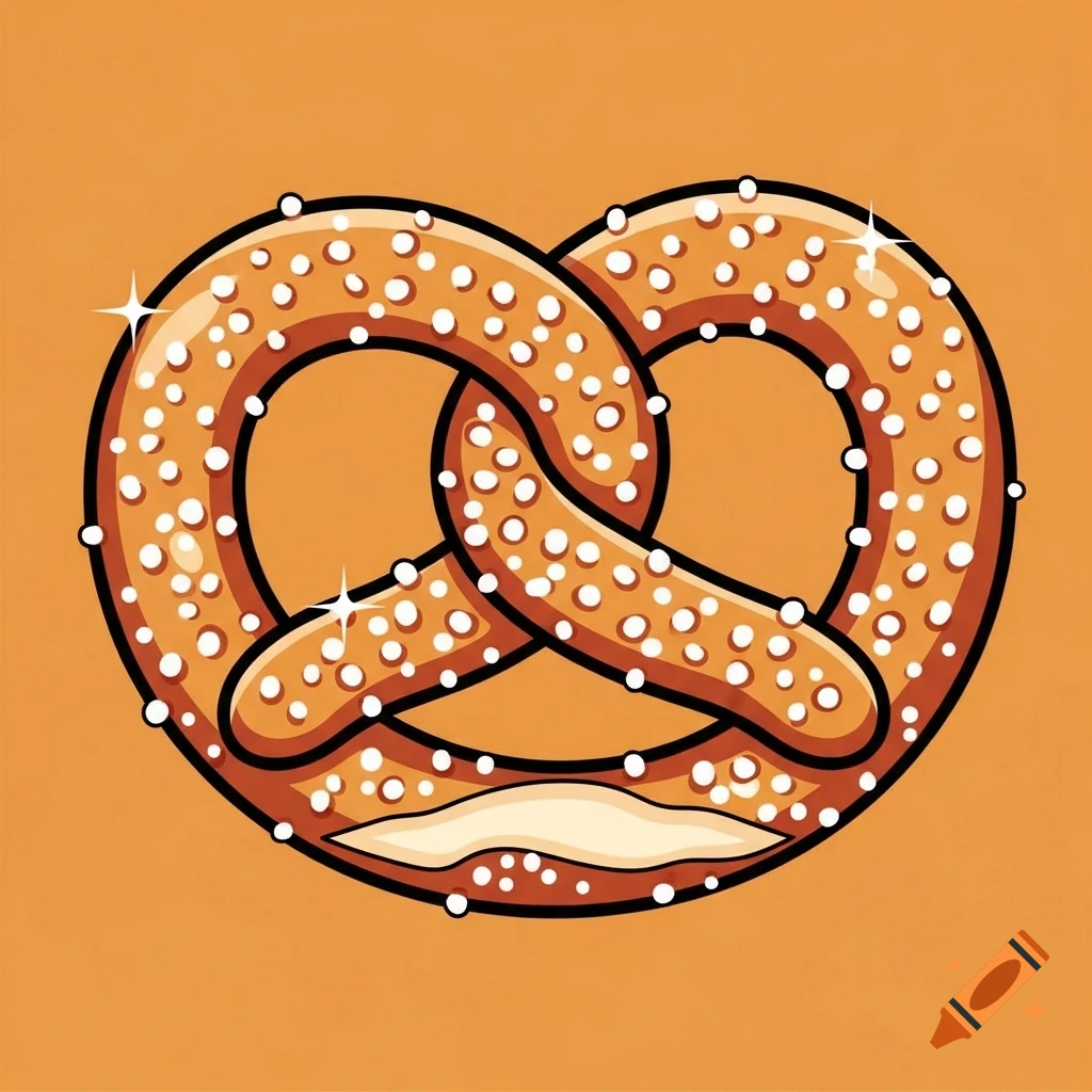 Clip art of a pretzel with many salt crystals on an orange background.