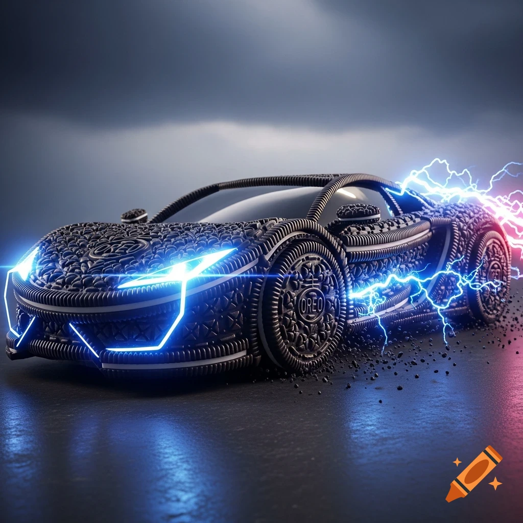 Futuristic sports car made of Oreo cookies with electric blue and purple lightning against a dark stormy sky.
