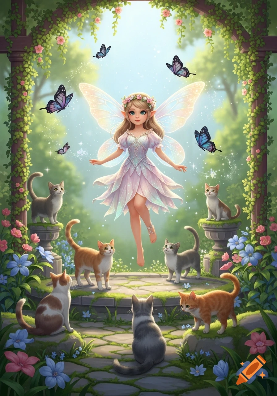 A whimsical fairy in a pink dress floats in a lush garden surrounded by several cats and colorful butterflies.