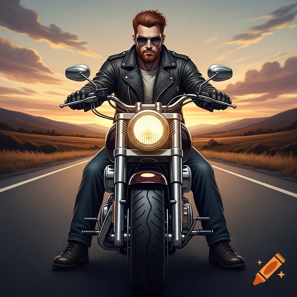 Red-haired man with a beard and sunglasses on a motorcycle on a road at sunset, looking directly at the viewer. Stylized illustration.