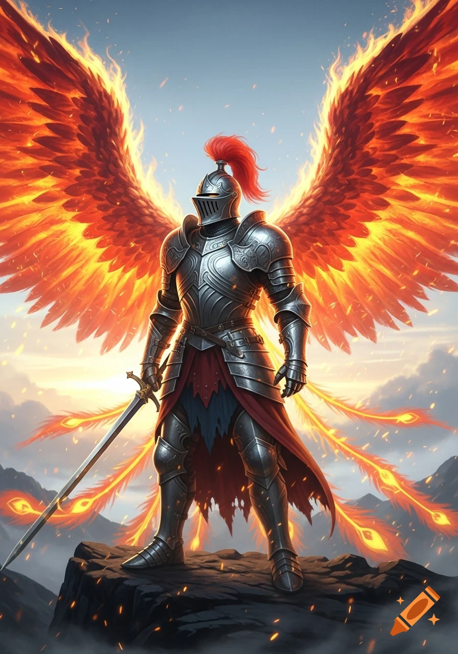 A knight in ornate silver armor with a red plume stands on a rocky mountain peak, flanked by large, vibrant fiery phoenix wings at sunset.
