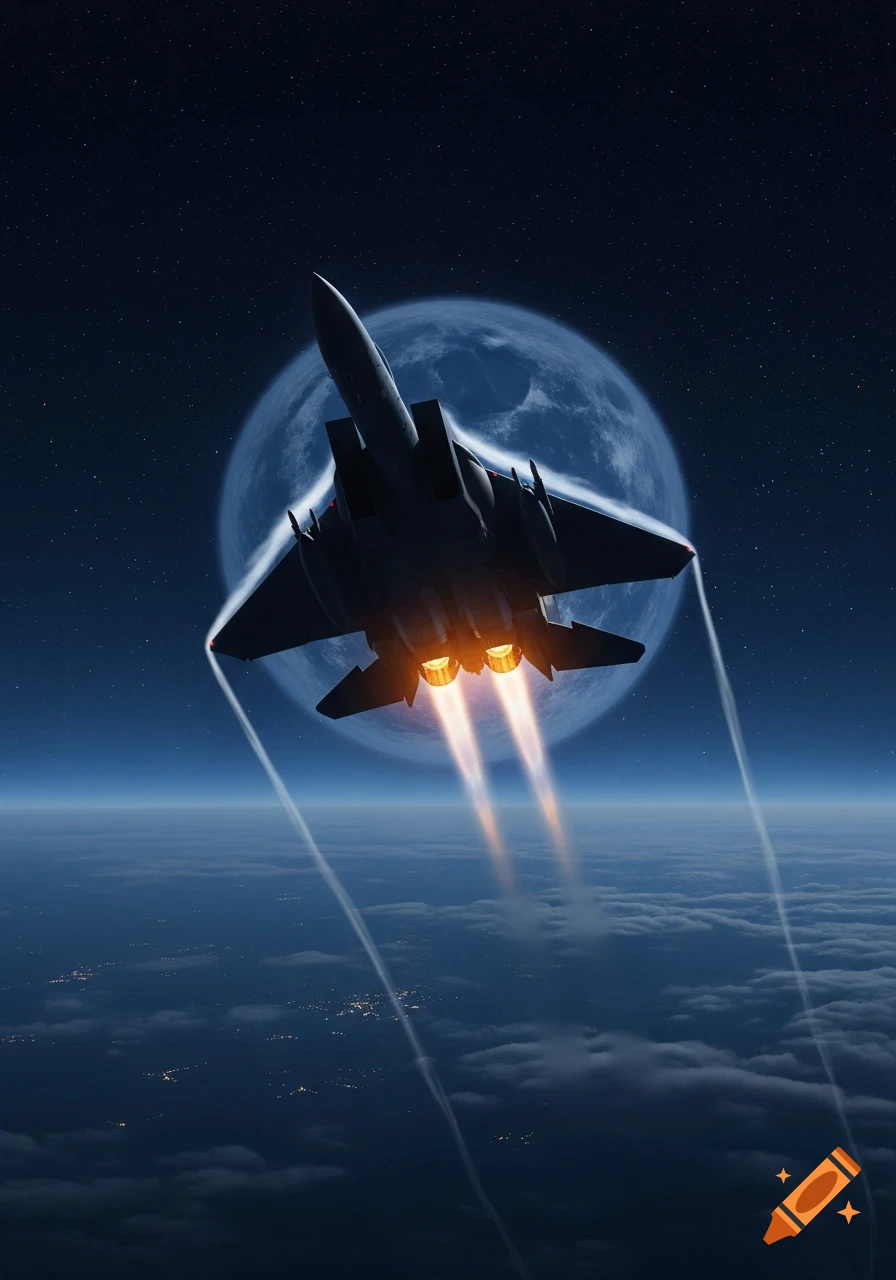 An F-15 jet with afterburners firing, flying above clouds under a starry night sky with a large moon.