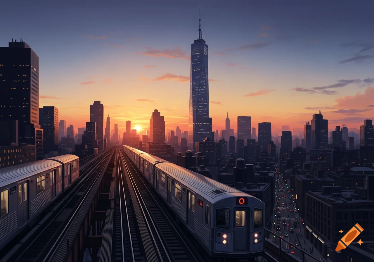 Elevated trains passing through a New York City cityscape at sunset, with a prominent skyscraper.